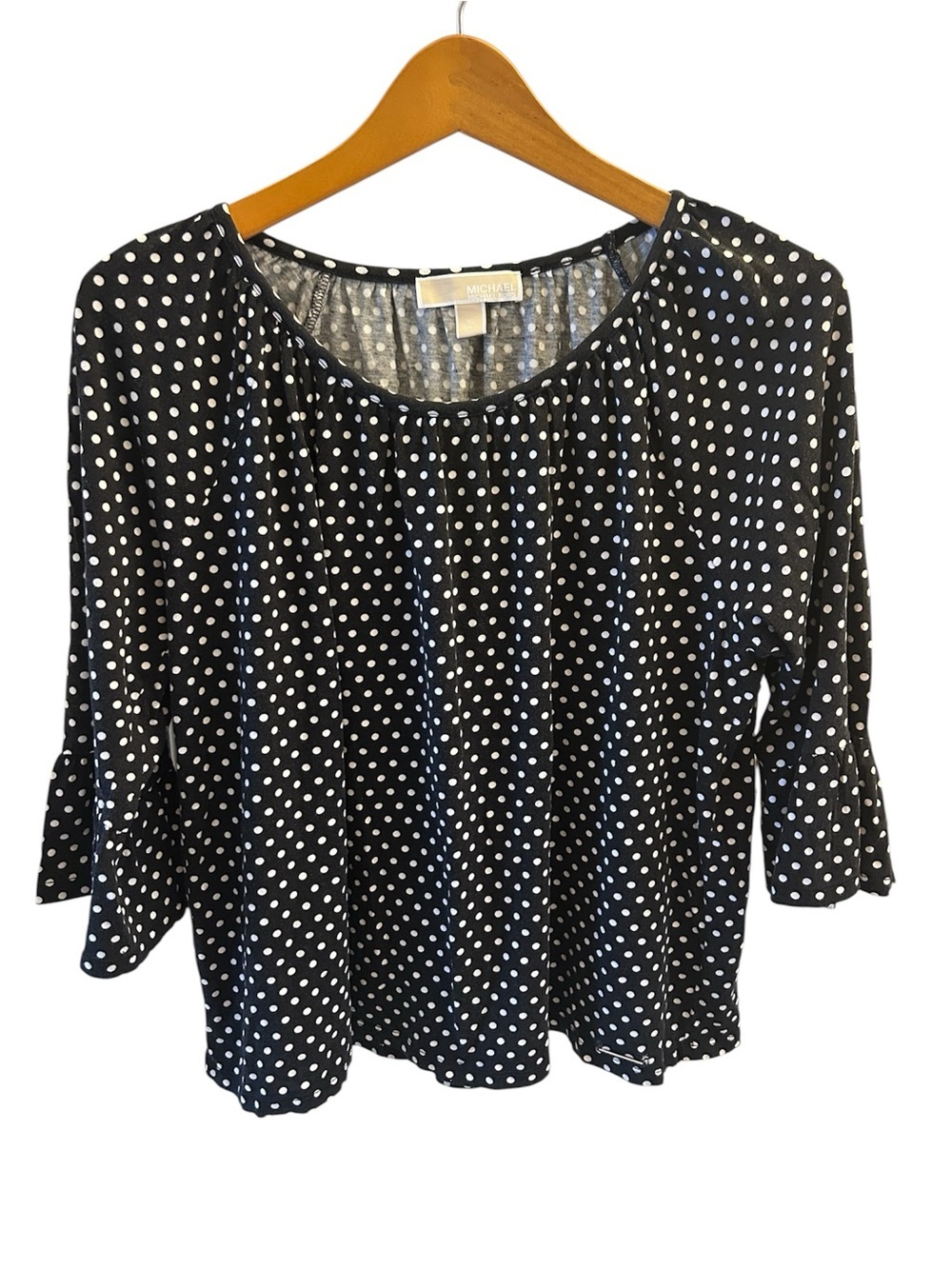 Michael Kors Black Blouse with White Polka Dots - Scoop Neck, 3/4 Ruffle Sleeves